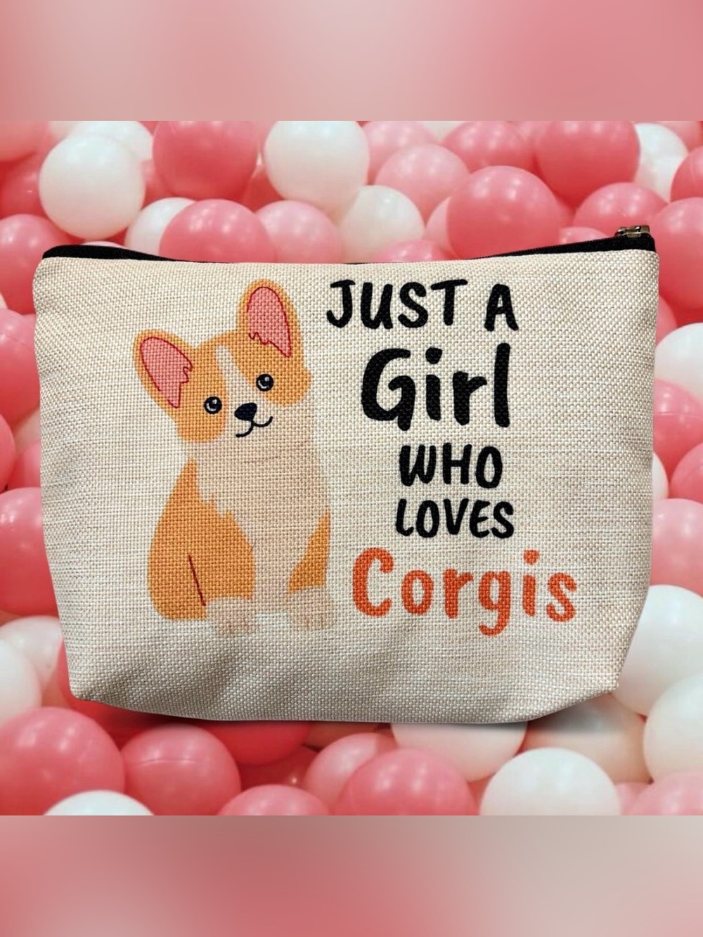 Corgi Cartoon Graphic Zipper Pouch Makeup Bag Cosmetic Brush Lined Travel 10 x 8